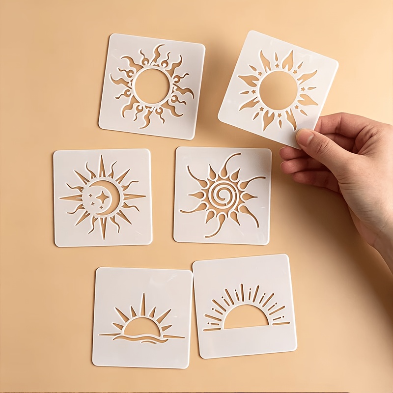 TEMU 6pcs 2.95x2.95inch Sun Stencil, Layered Stencil, Reusable Home Decor Stencil, Wood Board, Mural, Scrapbooking, Coloring, Embossing, Photo Album,