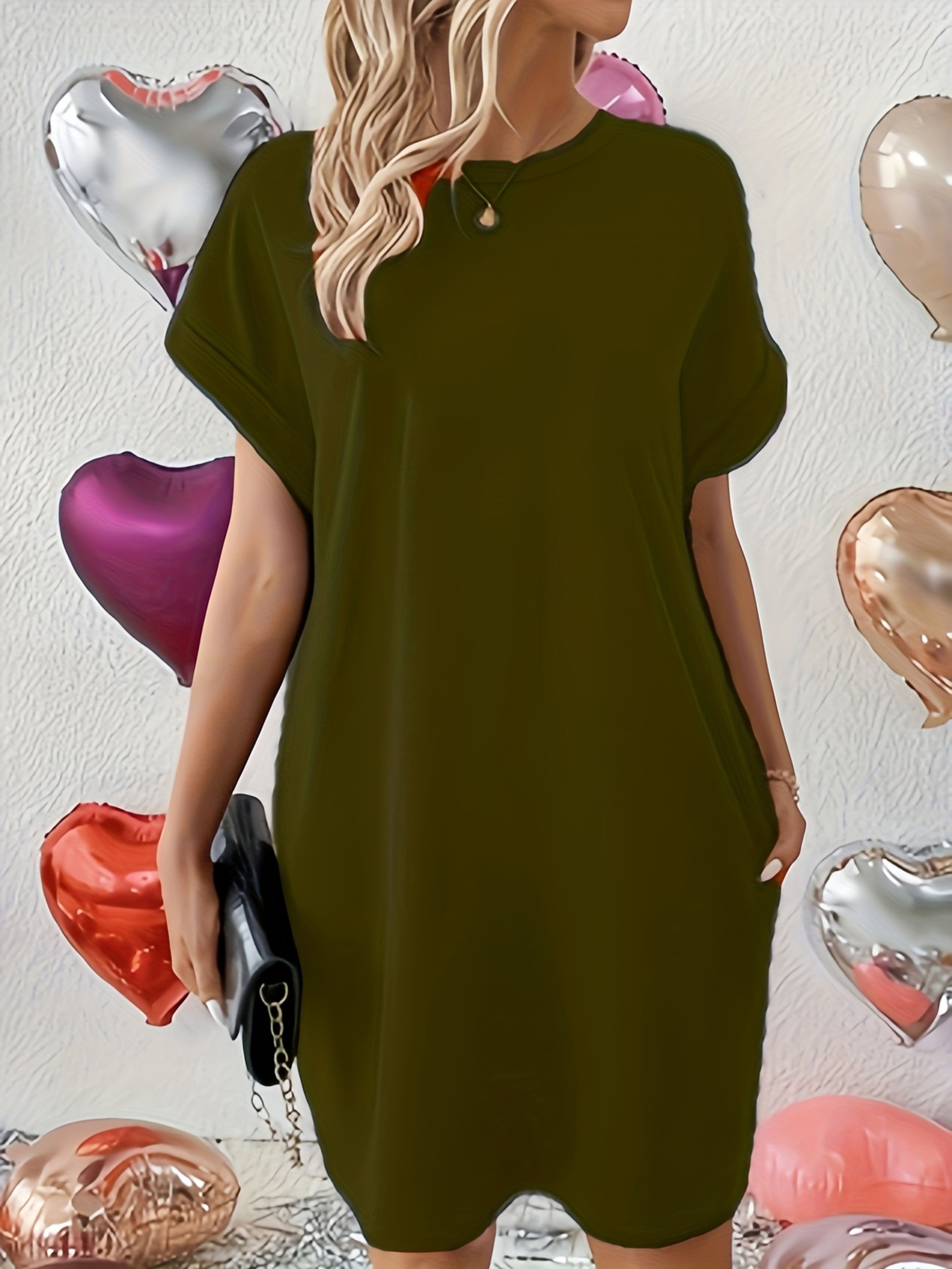 Dual Pocket Crew Neck Loose Dress, Casual Short Sleeve Dress For Spring & Summer, Women's Clothing