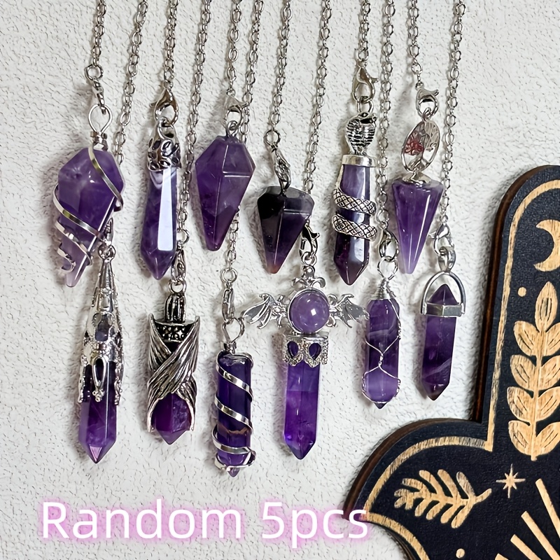 TEMU Lot de 5 améthystes naturelles artisanales, collier avec pendentif pendule esprit conique pointu au , pendule d' en cristal de poche de rare,