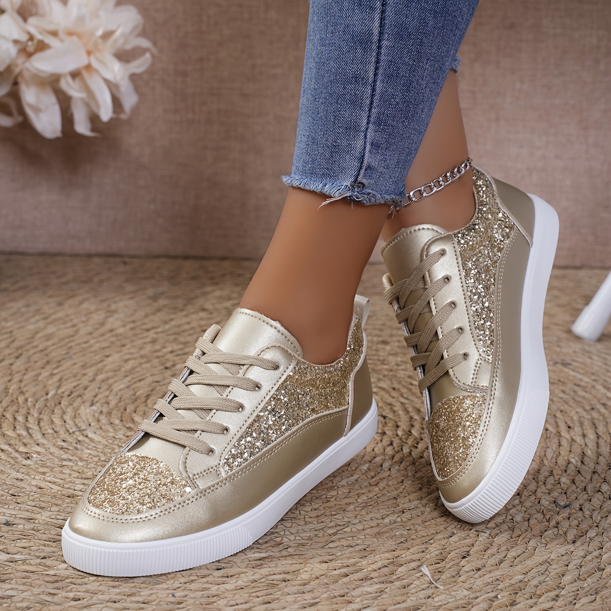 par tenis brillantes mujer zapatos casuales cordones corte