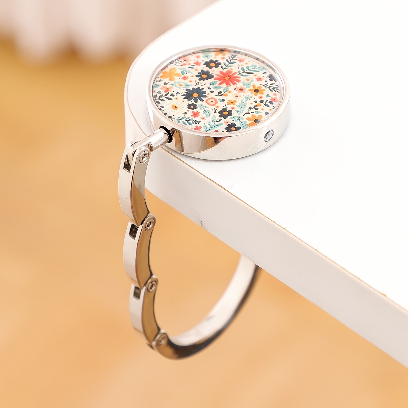 TEMU 2d Flat - 1pc 2d Multi-style Floral Sunflower Daisy Printed Metal Bag Hook, Foldable Portable Bag Hanging Tool, Universal Anti-slip Handbag