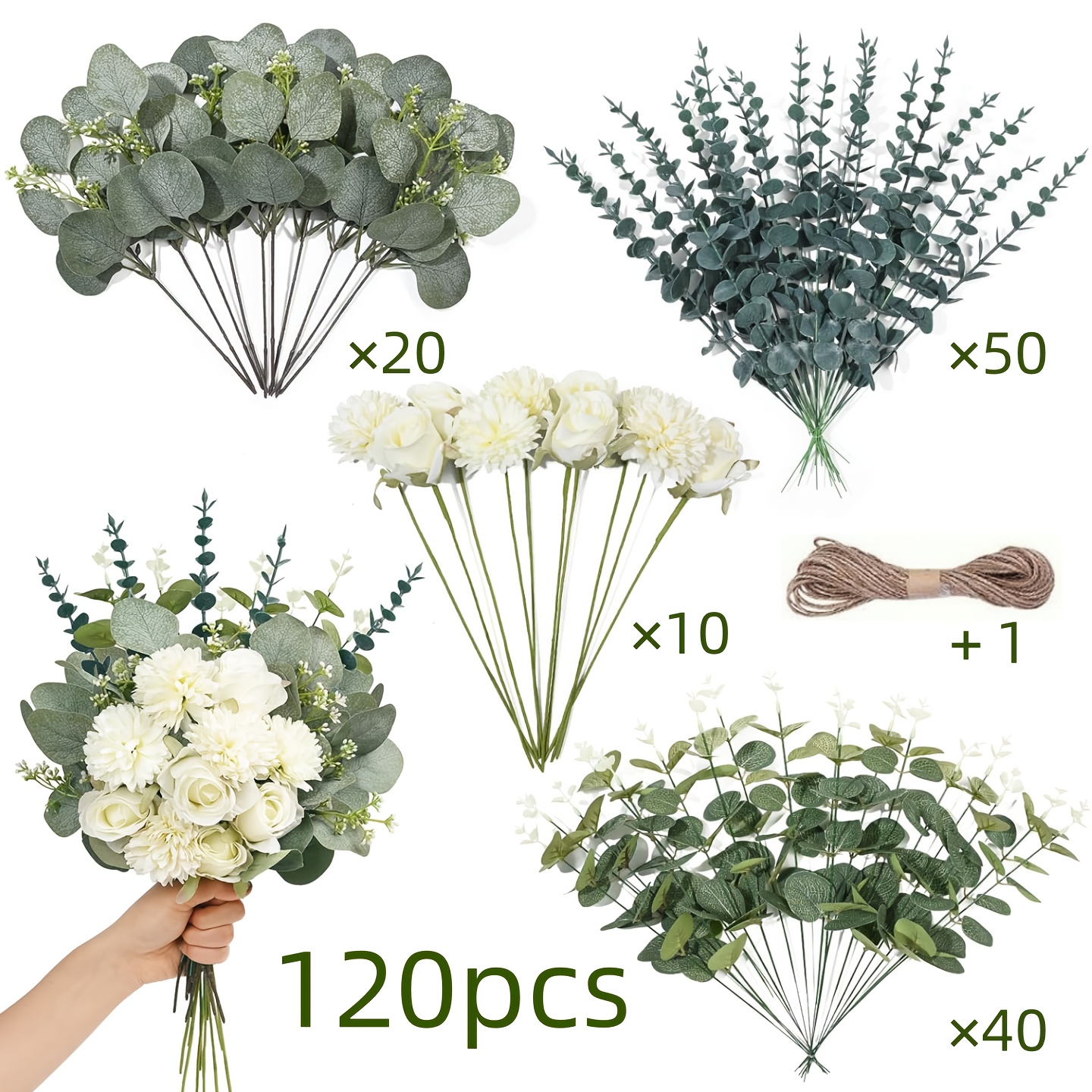 60/120pcs 5 Kinds Artificial Eucalyptus Stems And Faux Flowers, Mixed Fake Eucalyptus Stems Leaves Bulk, Silvery Greenery Stems For Wedding Decor Vase Floral Arrangement Centerpiece Home Decor