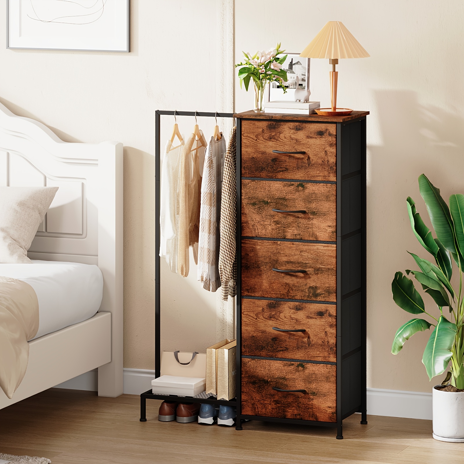 TEMU Commode EUNOS avec barre à suspendre, unité de rangement de chambre à coucher à 5 tiroirs, commode réversible en tissu avec porte-manteau, tour