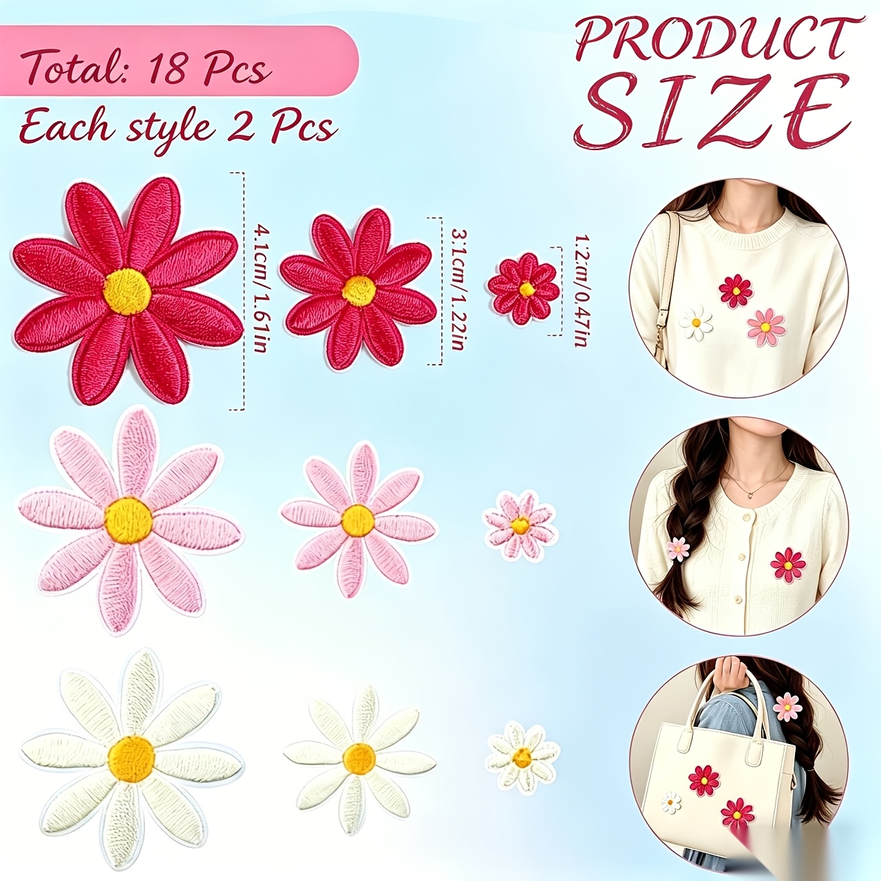 Image of 18pcs Colorful Embroidered Daisy Iron-on Patches- 3 Sizes Cute Small Medium Large Daisies Suitable For Bags, Hats, Backpacks, Shoes, T-shirts- Clothing Additions(beige, Light Pink, Pink)