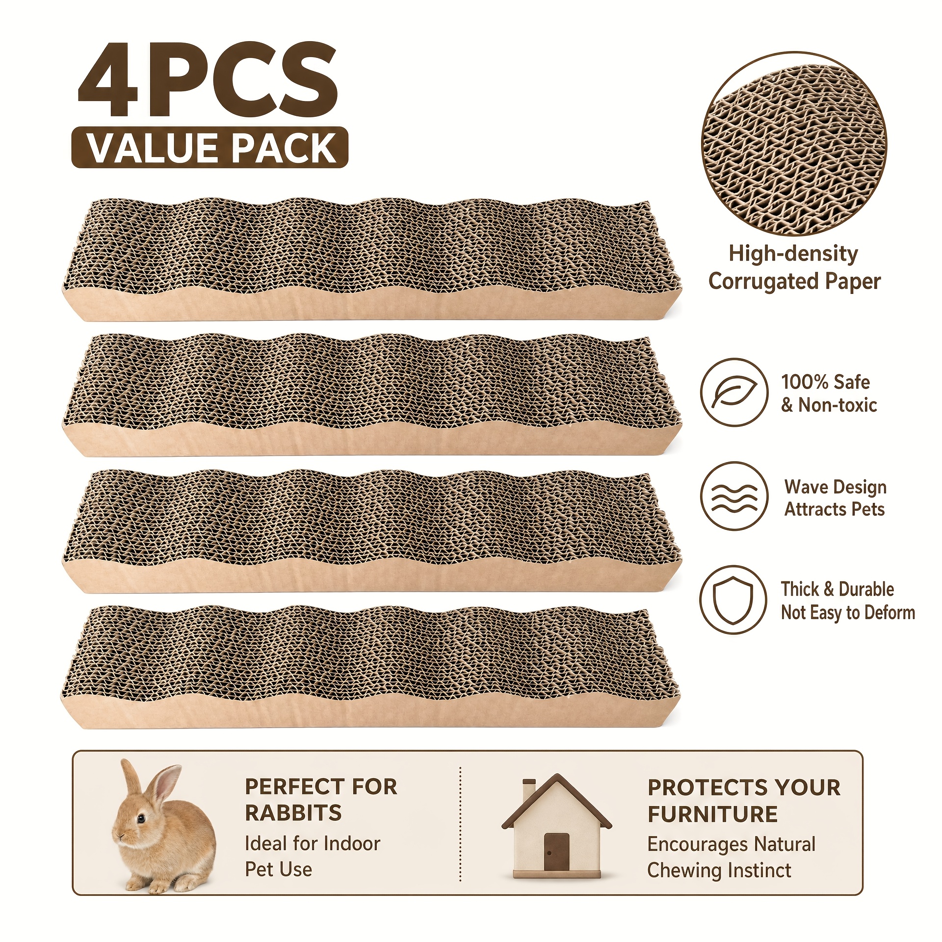 TEMU 4 Pack Rabbit Scratching Board & Chew Toys Suitable For Indoor Rabbits - Corrugated Cardboard Bunny Chew Pads With Wave & Flat Design, Chewable