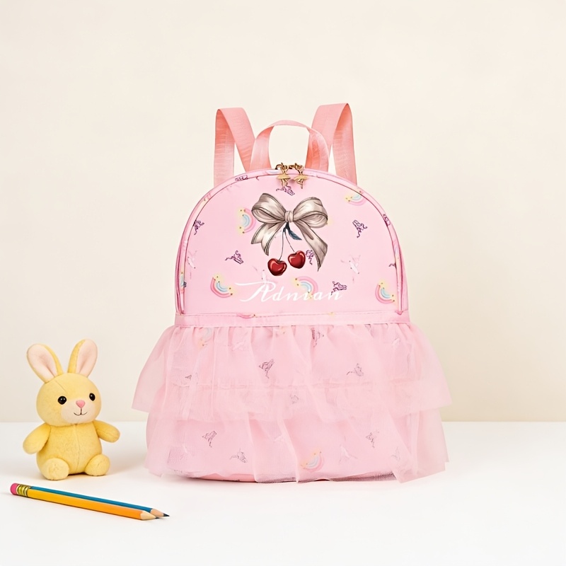 TEMU Bow Print Backpack With Name/number Customization - Lightweight Nylon School Bookbag Suitable For Dance, Travel, Everyday Use, Adjustable Straps