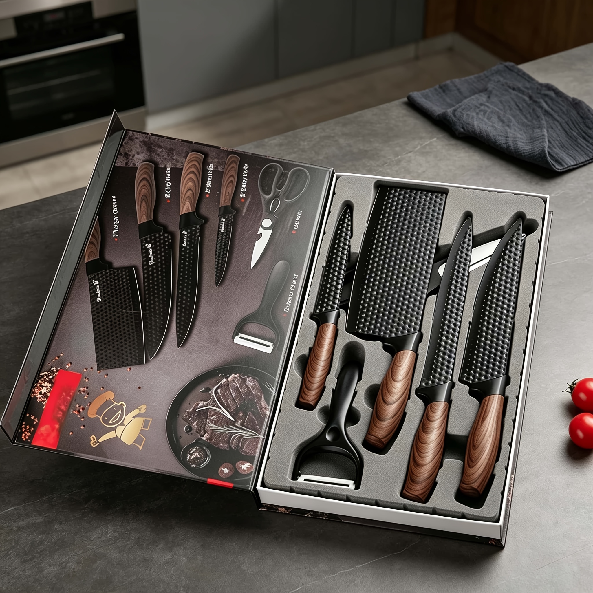   and durable 6pcs kitchen knife set carbon steel   with non slip handles ideal for home kitchen cooking suitable for outdoor camping barbecues and   occasions packaged   elegant gift box