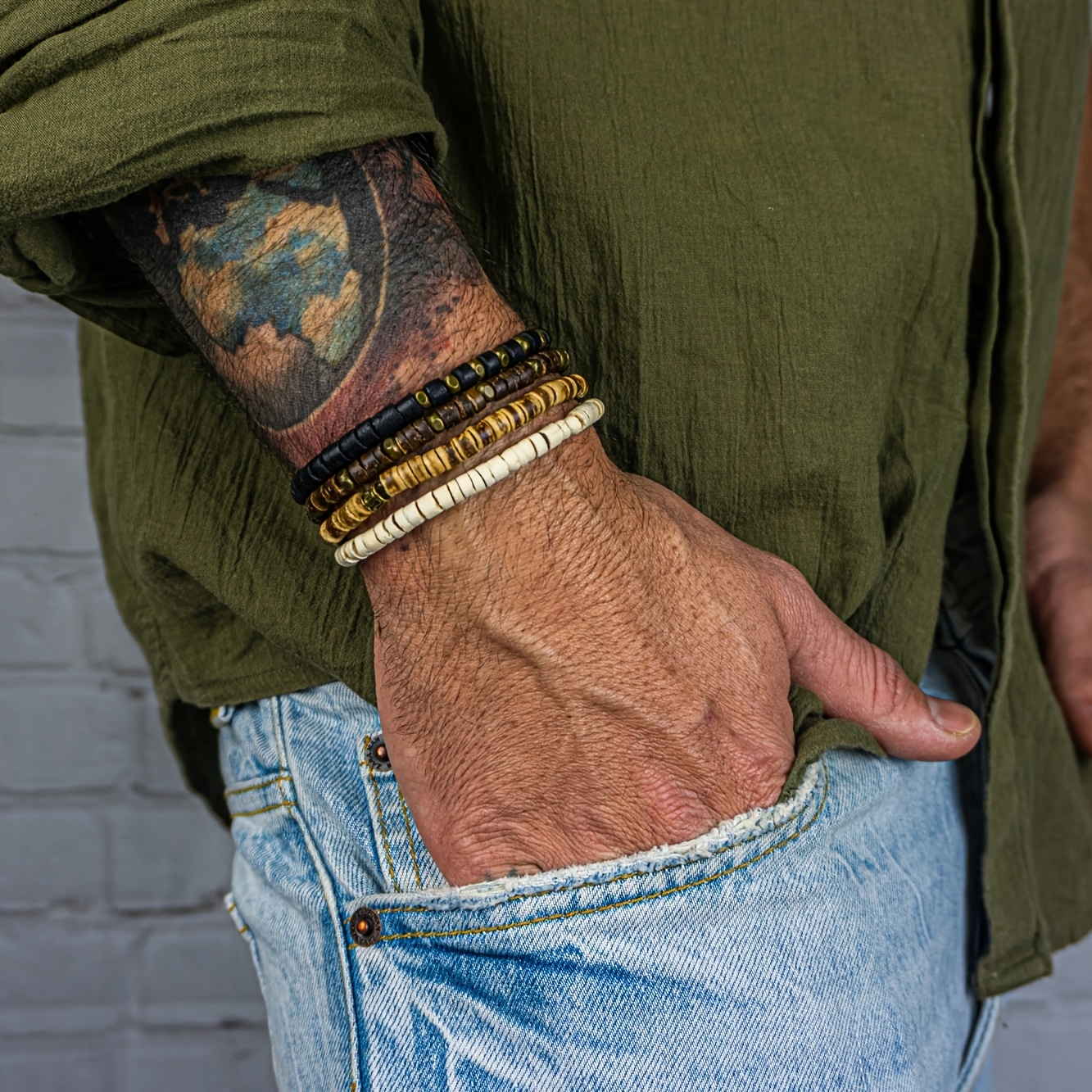 E-shop 4er-Set Herren Kokosnuss-Perlen Armreif Armband Stapelbarer Armreif Armband Set Lässig Individuell Trendig