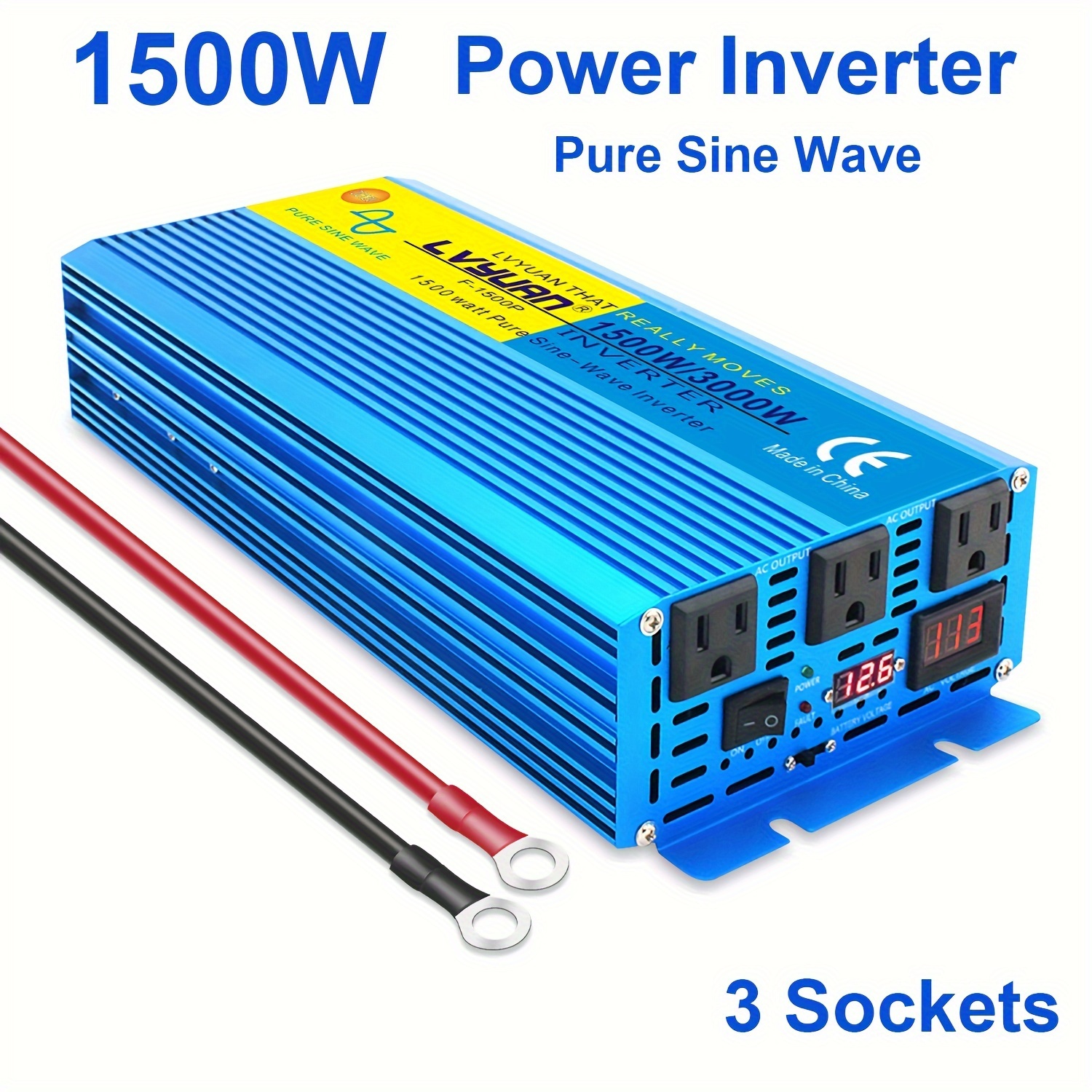 

1500w Pure Sine Wave Inverter 12v To 110v 3000w Power Converter Dc To Ac With Lcd Display, 3 Ac Outlets For Car Boat Truck Rv Solar Power