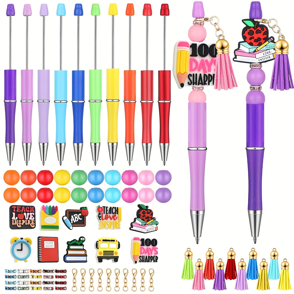 

10pcs Teacher Appreciation Beadable Pens With 90pcs Assorted Colors Wood Beads Crystal Spacer Accessories Diy Pen Making Kit Plastic Ballpoint Pen Bulk For Teacher Appreciation Gift