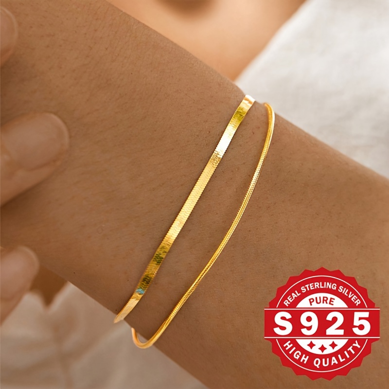 Women's S925 Sterling Silver Double Layer Blade and Round Snake Pattern Bracelet