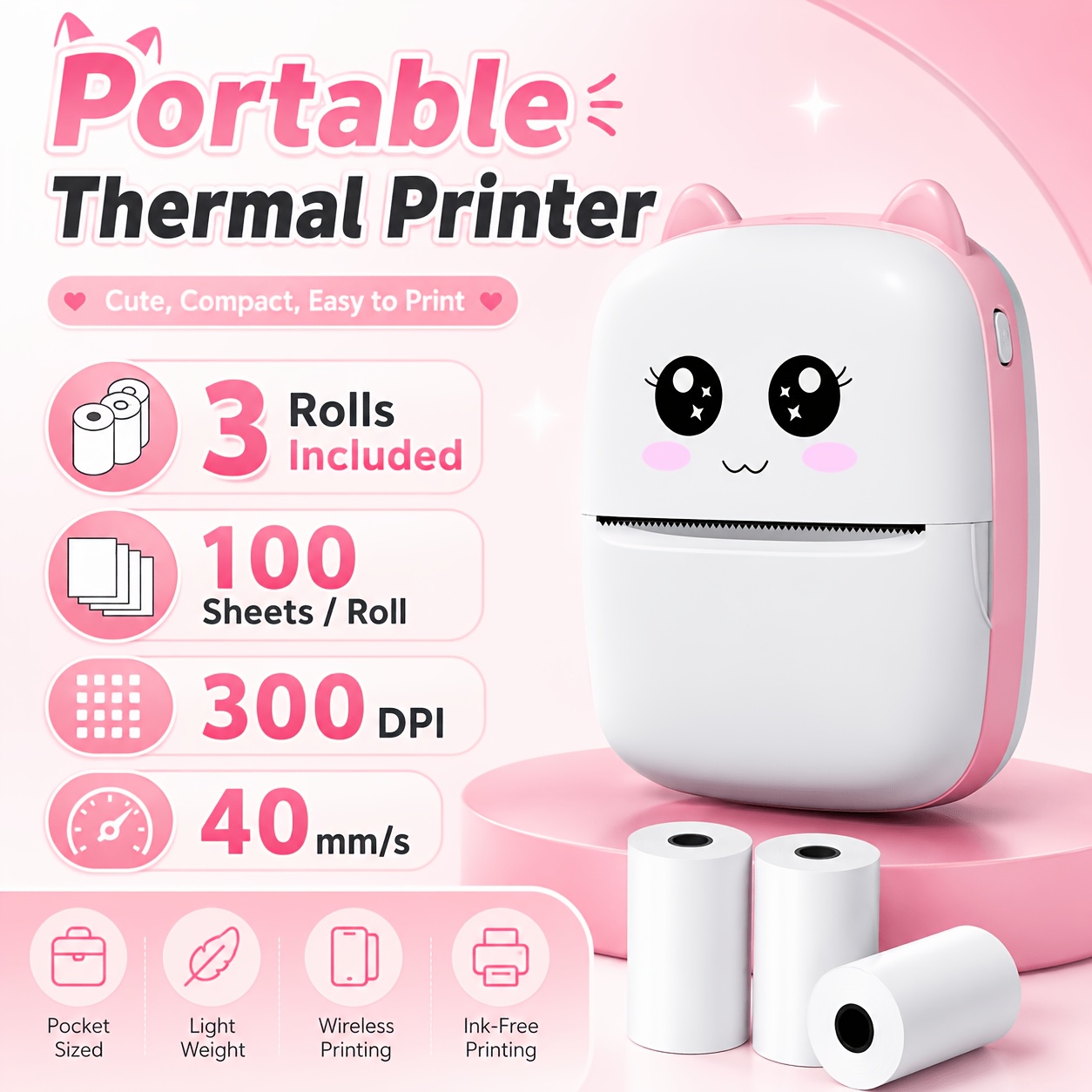 TEMU Zrztm Mini Sticker Printer, Portable Thermal Printer With 3 Rolls Of Sticker Paper, Inkless Sticker Maker, Wireless Label Printer For Study
