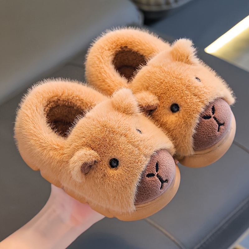 Image of 1 Pair Of Capybara Kids' Plush Slippers For Boys, Winter Indoor Home Plush Shoes With Plush Lining And Padded Heels, For Baby Boys And Girls