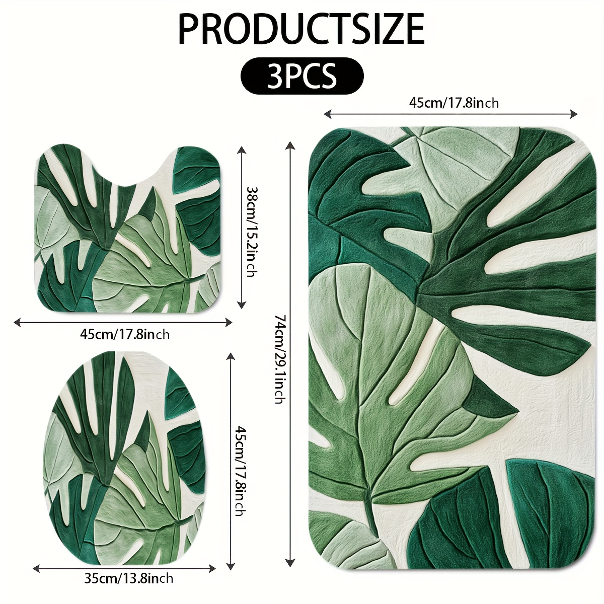 E-shop 2D Flachdruck, 2D Flachdruck, 2D Flachdruckdruck, ./3 Stk. Set Tropisches Grün Blattmuster Badezimmer Kurze Plüschmatte Teppich Set,