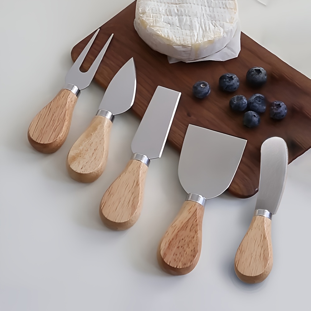 

5pcs Deluxe Stainless Steel Cheese Knife Set With Oak Handles - Includes Cheese Fork, , Butter Knife & More - Charcuterie Boards & Entertaining, Cheese