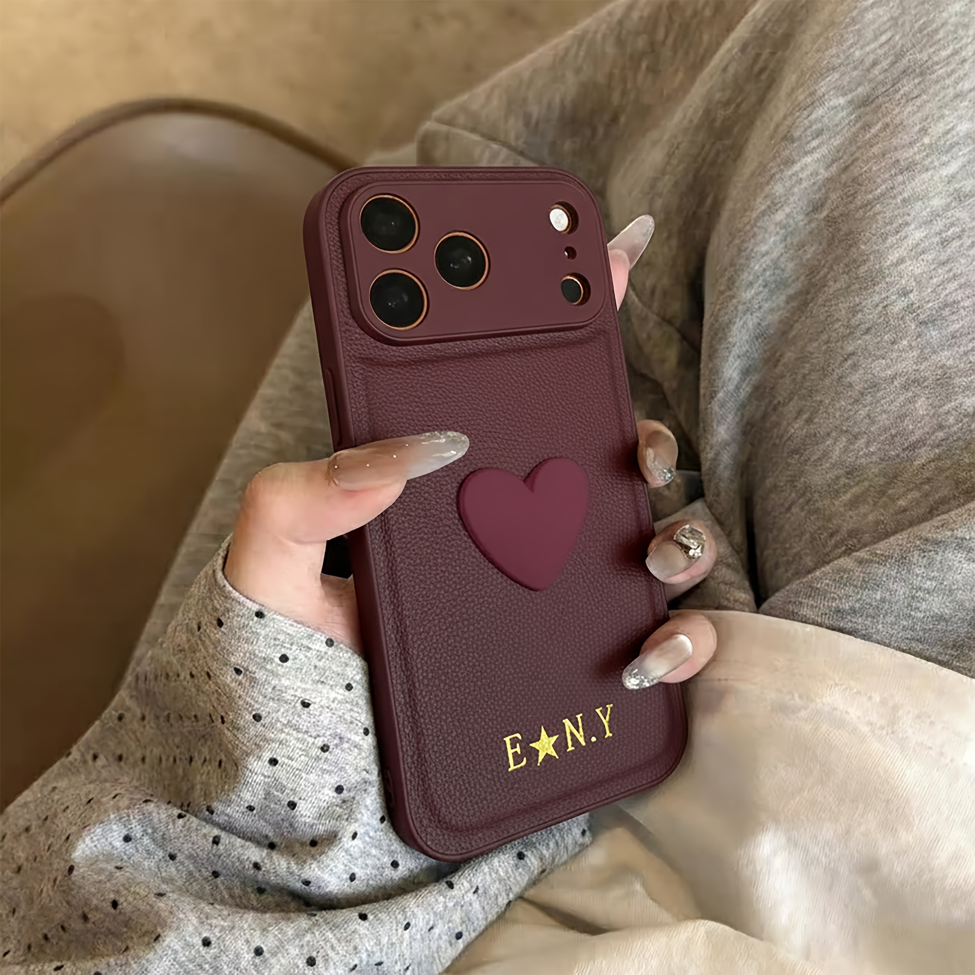 TEMU Phone Case: Personalized Luxury Synthetic Leather With Acrylic Heart Phone Case Compatible With Iphone 18 17 16 15 14 13 Pro Air Customized Name