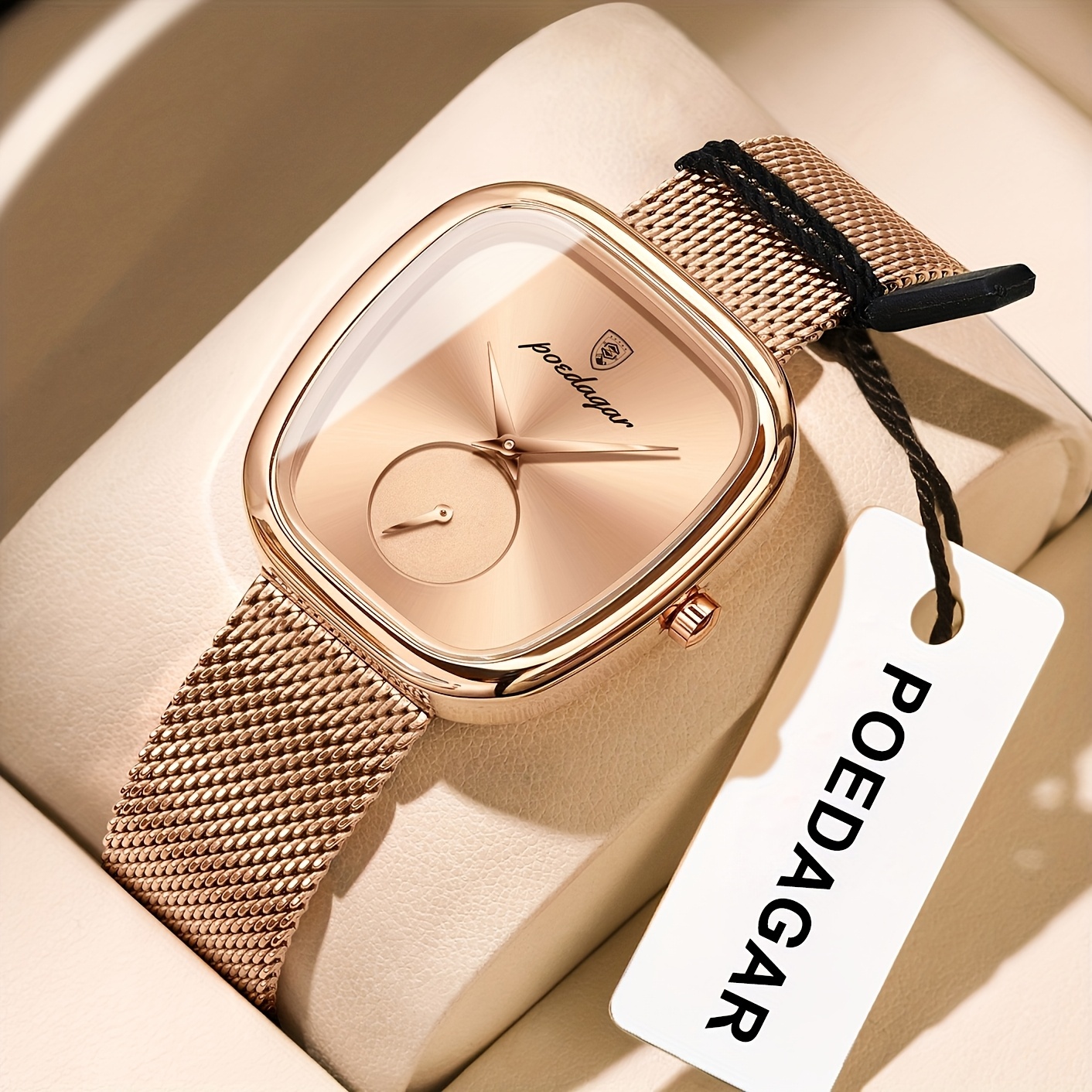 POEDAGAR Reloj Elegante Cuadrado con Rosa - Correa de Malla de Acero Inoxidable Impermeable, Movimiento de Cuarzo con Esfera Negra y Manecillas Rosas, Ideal para Fiestas, Casual y Natación, Resistente al Agua 3ATM
