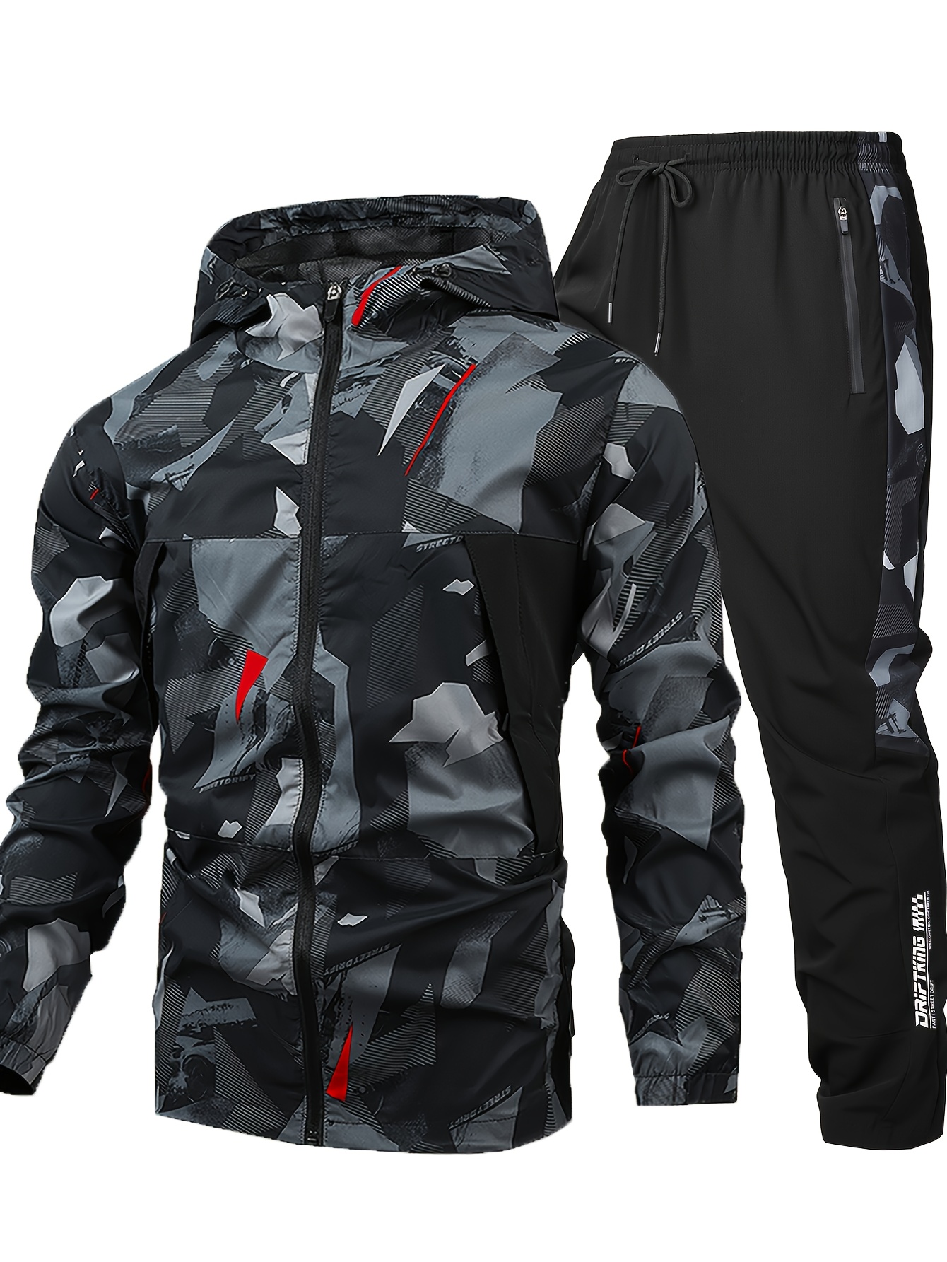 mens camo print hooded jacket joggers tracksuit set long sleeve zip up with pockets black gray sportswear for fall winter comfortable casual wear autumn winter apparel camo print hoodie zippered hoodie black printed camouflage 0