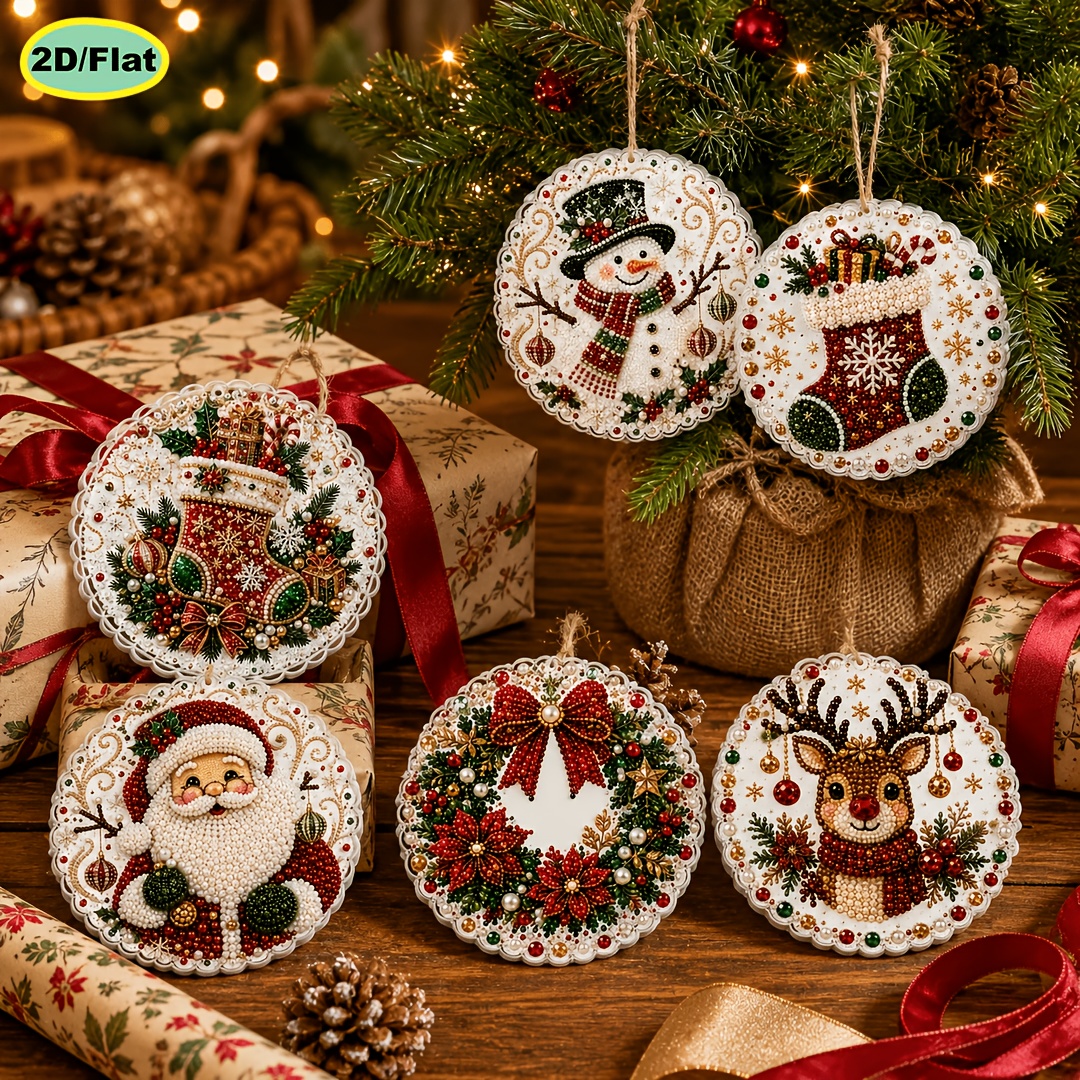 TEMU Hot 6pcs Pearl Diamond Painting Wooden Tag Pendant Set, Christmas Theme, 2d Flat High Definition Print, 3.07 Inches Full Kit Hand Drilling