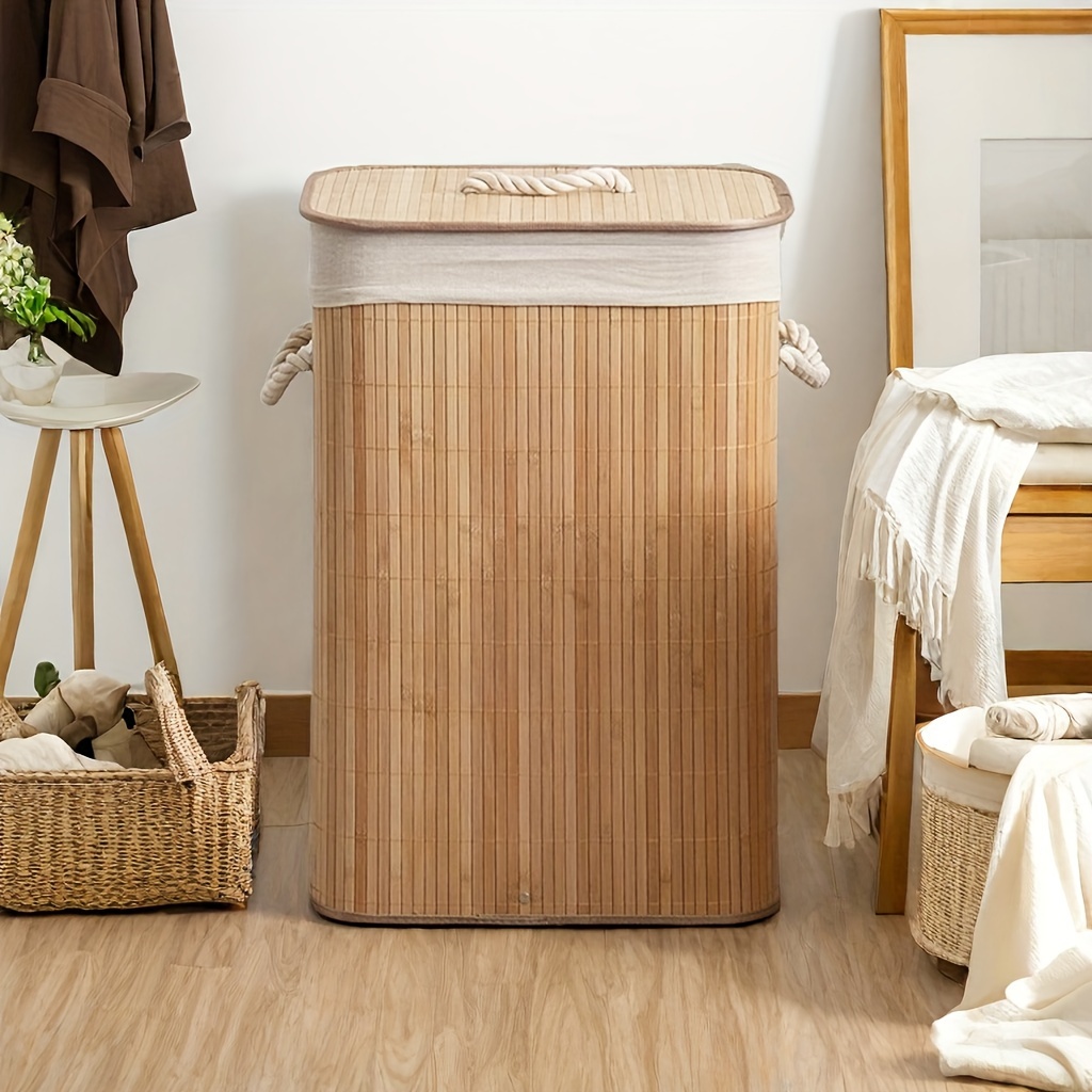 TEMU 1 panier à linge sale en bambou tissé, panier de rangement pour linge sale domestique, panier à linge sale, cadre de rangement pliable, panier à
