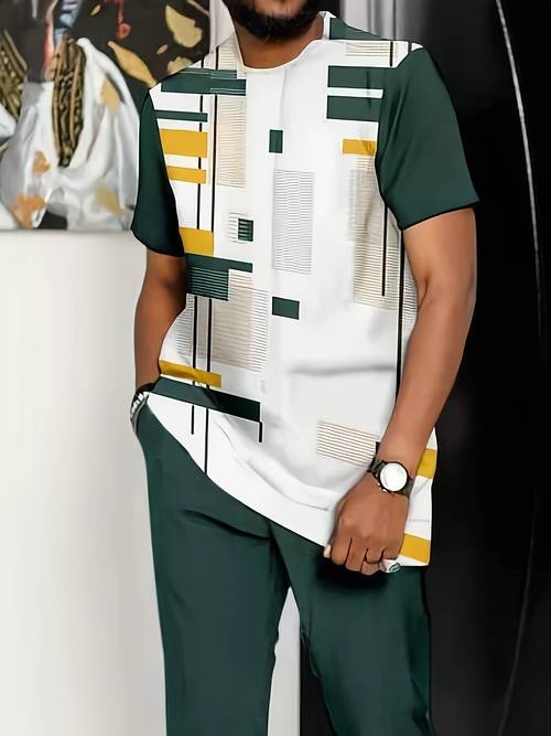 in 2025 color block geometric patterns 2pcs set of mens short sleeved shirt and long pants 3 printing technology outdoor street suitable for daily for leisure and vacations