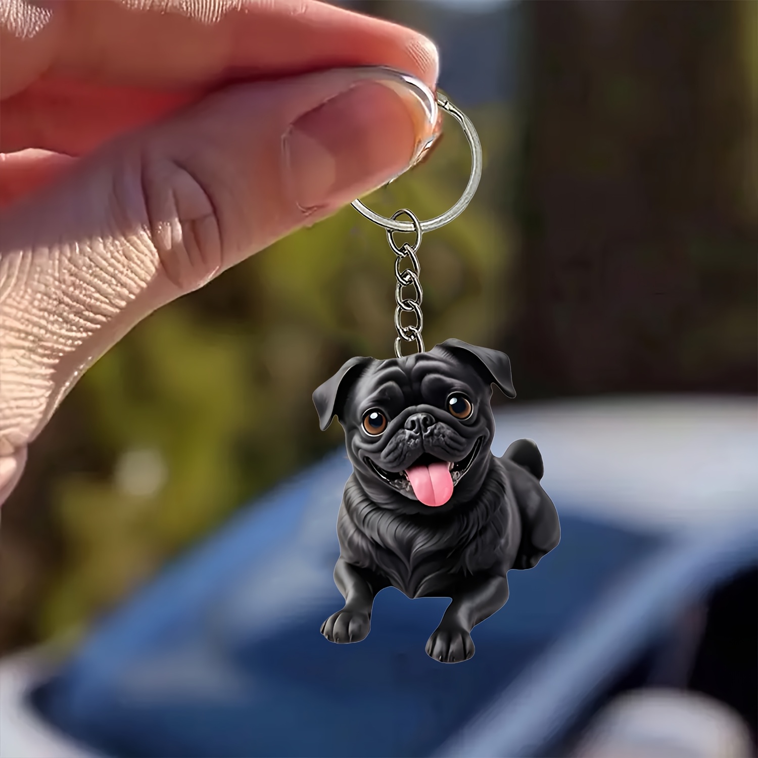 

Cartoon Pug Dog Acrylic Keychain - Black Puppy Pendant For Car Mirror, Home, Kitchen, Bag - Multifunctional Decor, Valentine's Day Gift, Single Piece, Ring