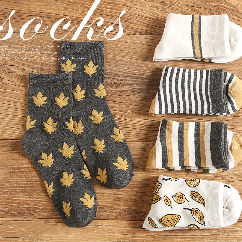 

5 Pairs Autumn/winter Mid Calf Socks For Men Maple Leaf Pattern Long Socks Striped Breathable Art Style Cotton Socks