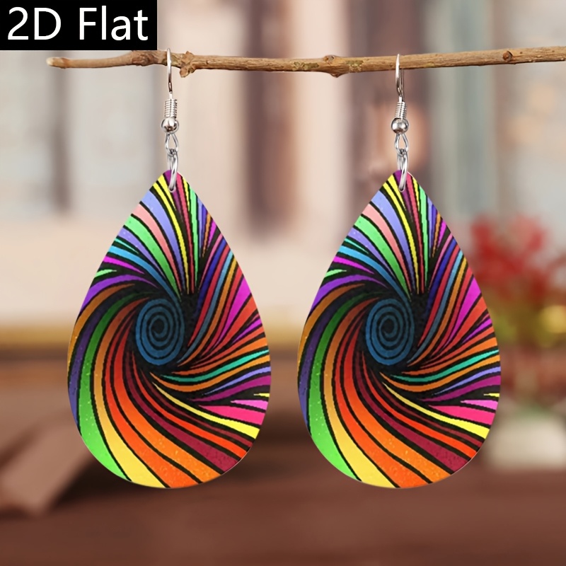 TEMU Teardrop Shape Colorful Spiral Pattern Dangle Earrings Retro Pu Jewelry Holiday Career Earrings