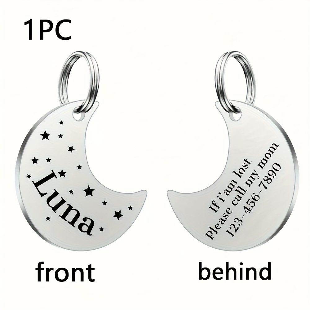 TEMU 1pc, Cat Tag Stainless Steel Pet Tag Dog Tag, Moon And Star Pattern Pet Id Tag, Pre-designed Anti-lost Dog Collar Accessory, Custom Double-sided