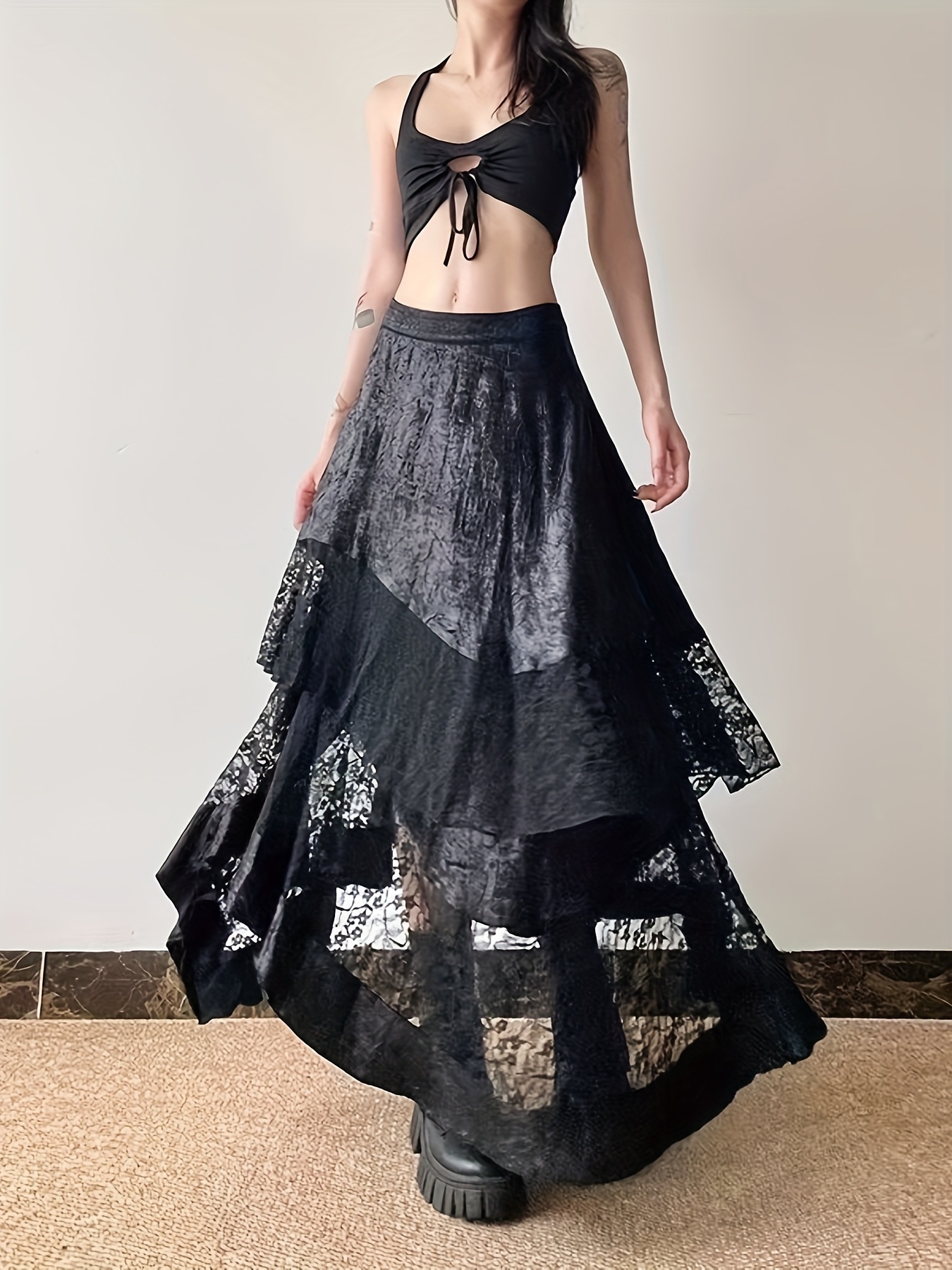 elegant black lace tulle skirt high waisted design flowing Temu - Main Image