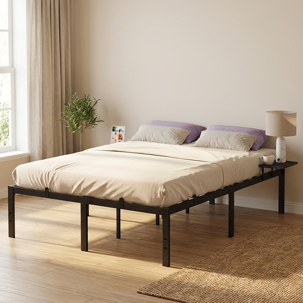 TEMU Cadre de lit en métal 140 x 200 cm avec 2 étagères de rangement, lit plateforme double pour chambre ou chambre , lit robuste en acier avec