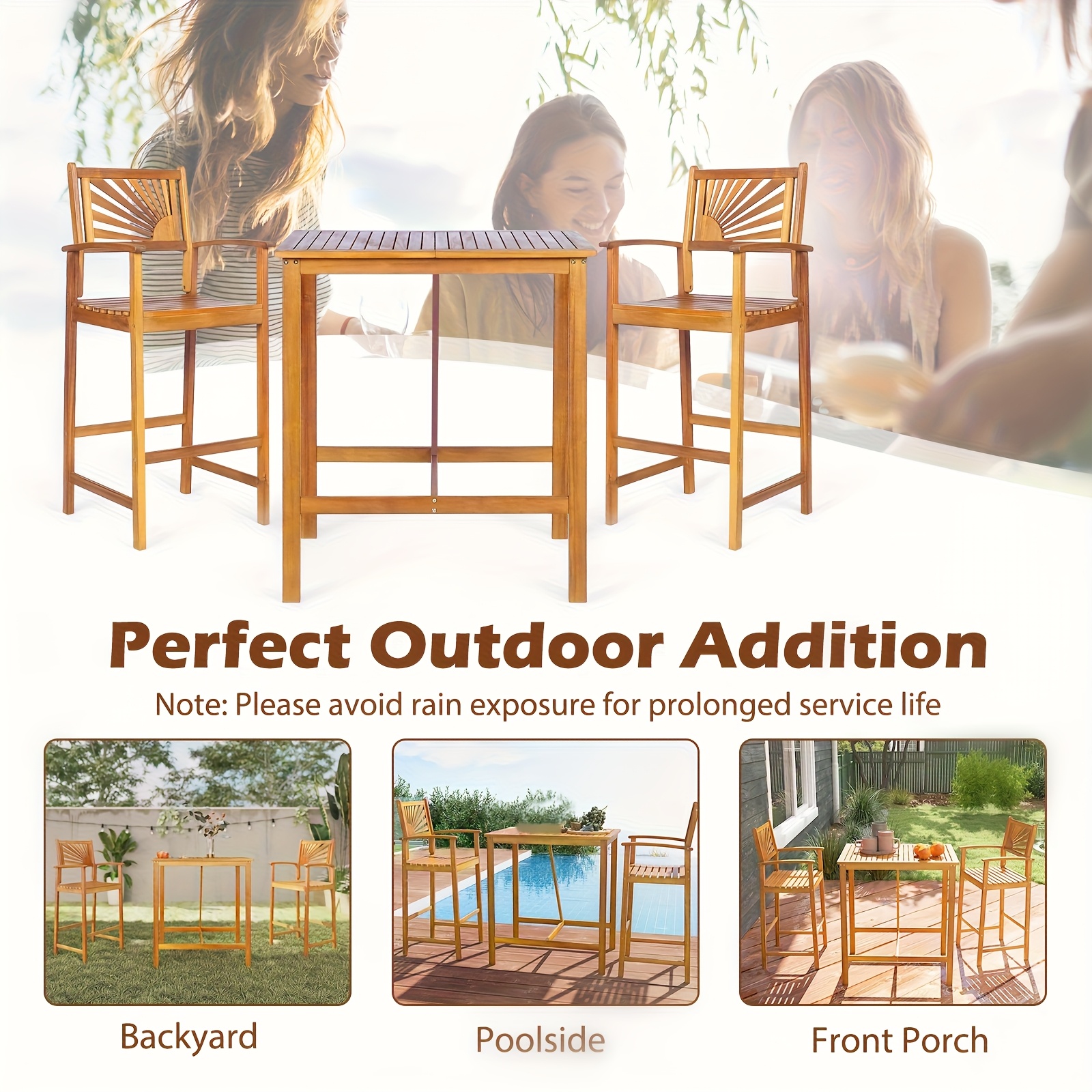 LIFEZEAL 3pcs Patio Bar Table & Chairs, Outdoor Acacia Wood Bar Set w/ Slatted Seat & Tabletop, Wood Dining Bar Set w/ Appealing Backrest for Backyard, Poolside, Balcony.