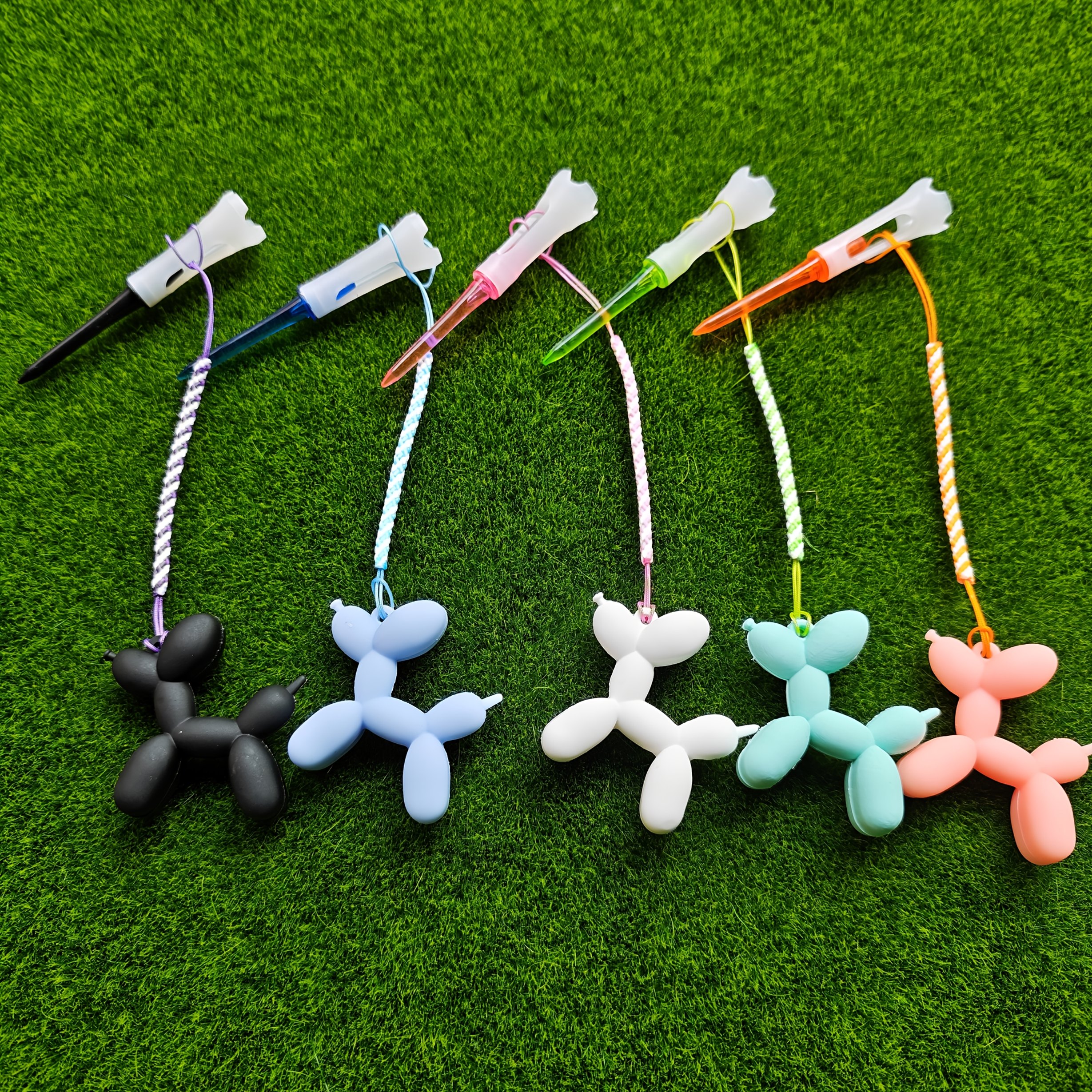 TEMU 5pcs Golf Tee Set, Includes 3d Cute Balloon Dog Shaped Tee And Durable With Widened Base And Anti-loss Rope. Vibrant Colors Make Your Tees Easy
