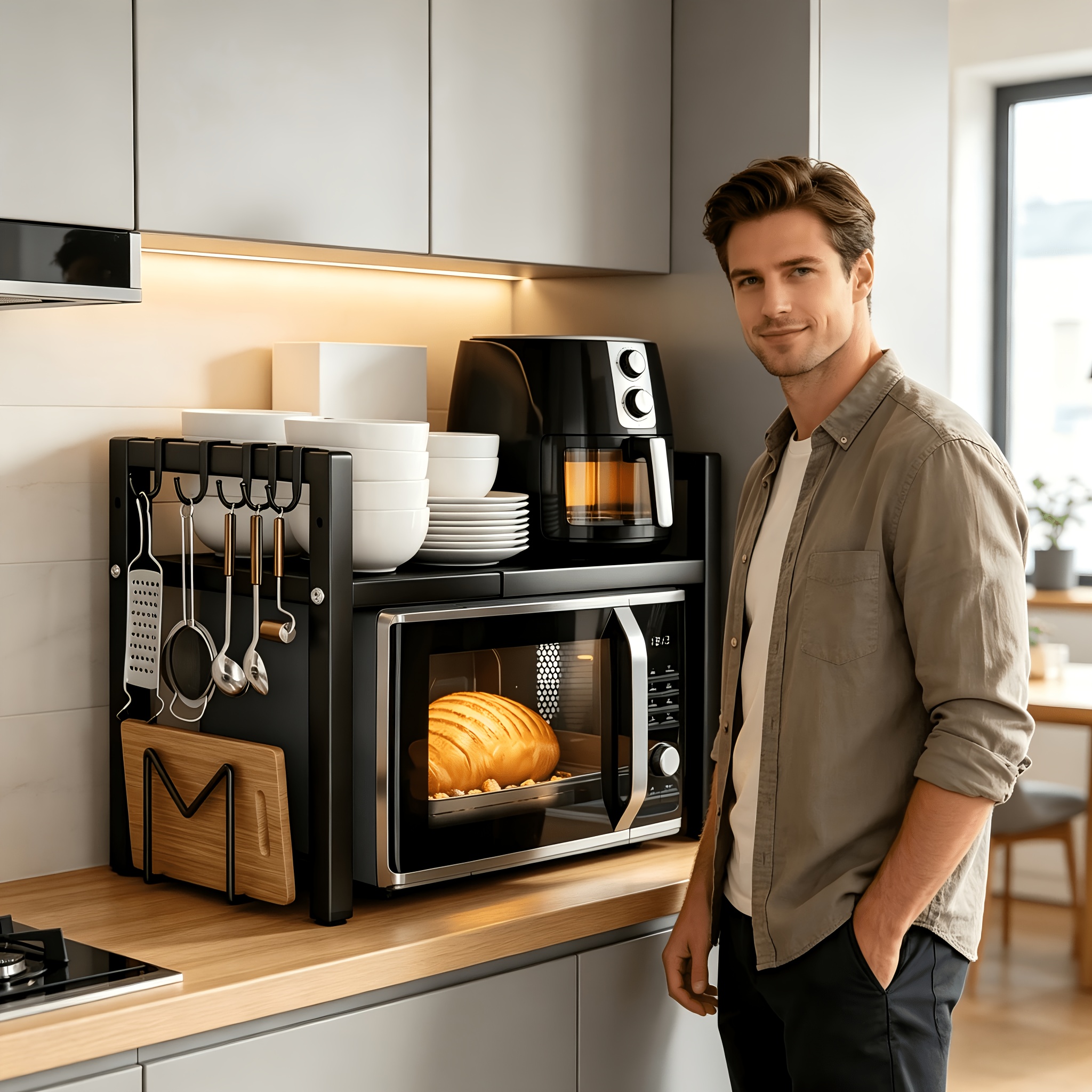 TEMU Expandable Double-layer Kitchen Shelf, Suitable For Microwave Ovens And Ovens Golden Countertop Storage Rack, With Open Storage Shelves, Very