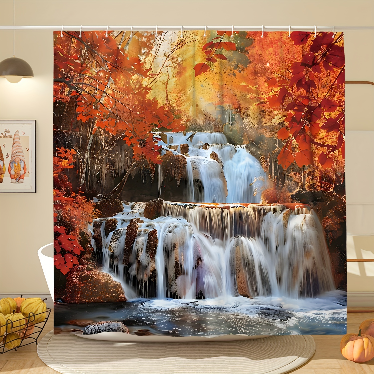 

Autumn Elegance Waterproof Shower Curtain - Maple & Waterfall Design, 71x71 Inch With 12 Hooks, Machine Washable Polyester Bathroom Decor