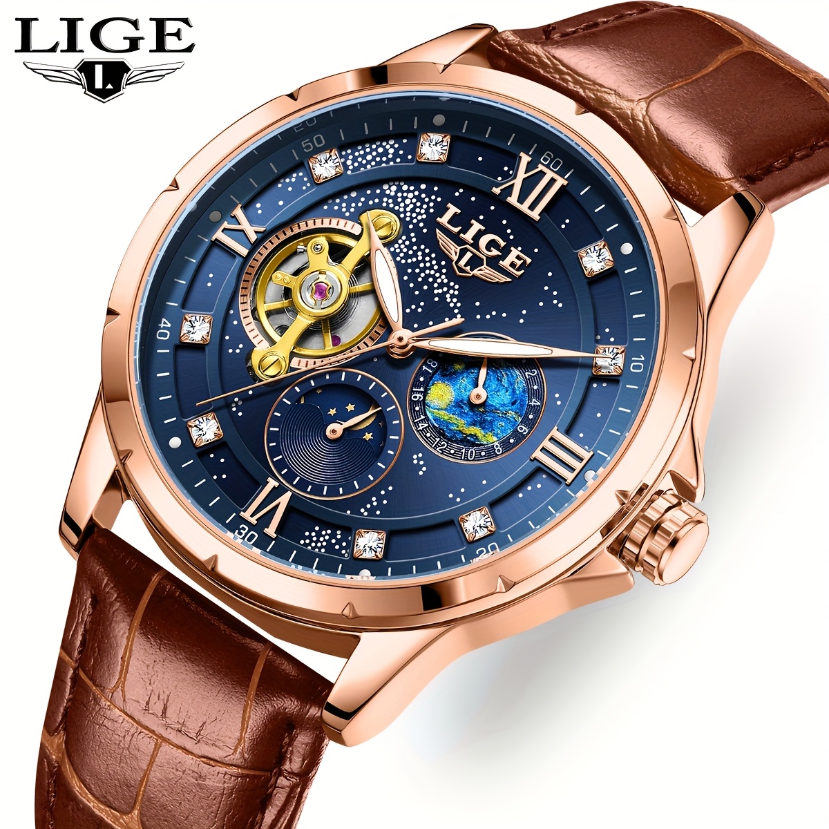 LIGE Unisex Mechanical Pocket Watch, Starry Sky Dial