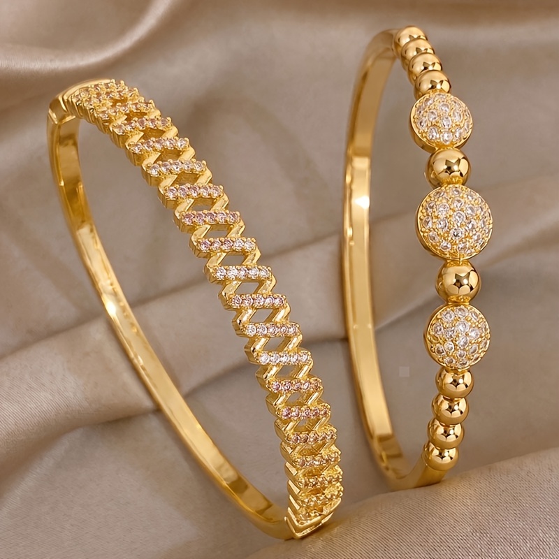 2pcs Gold-Tone Stainless Steel Bangle Set, Pavé Zirconia Detail