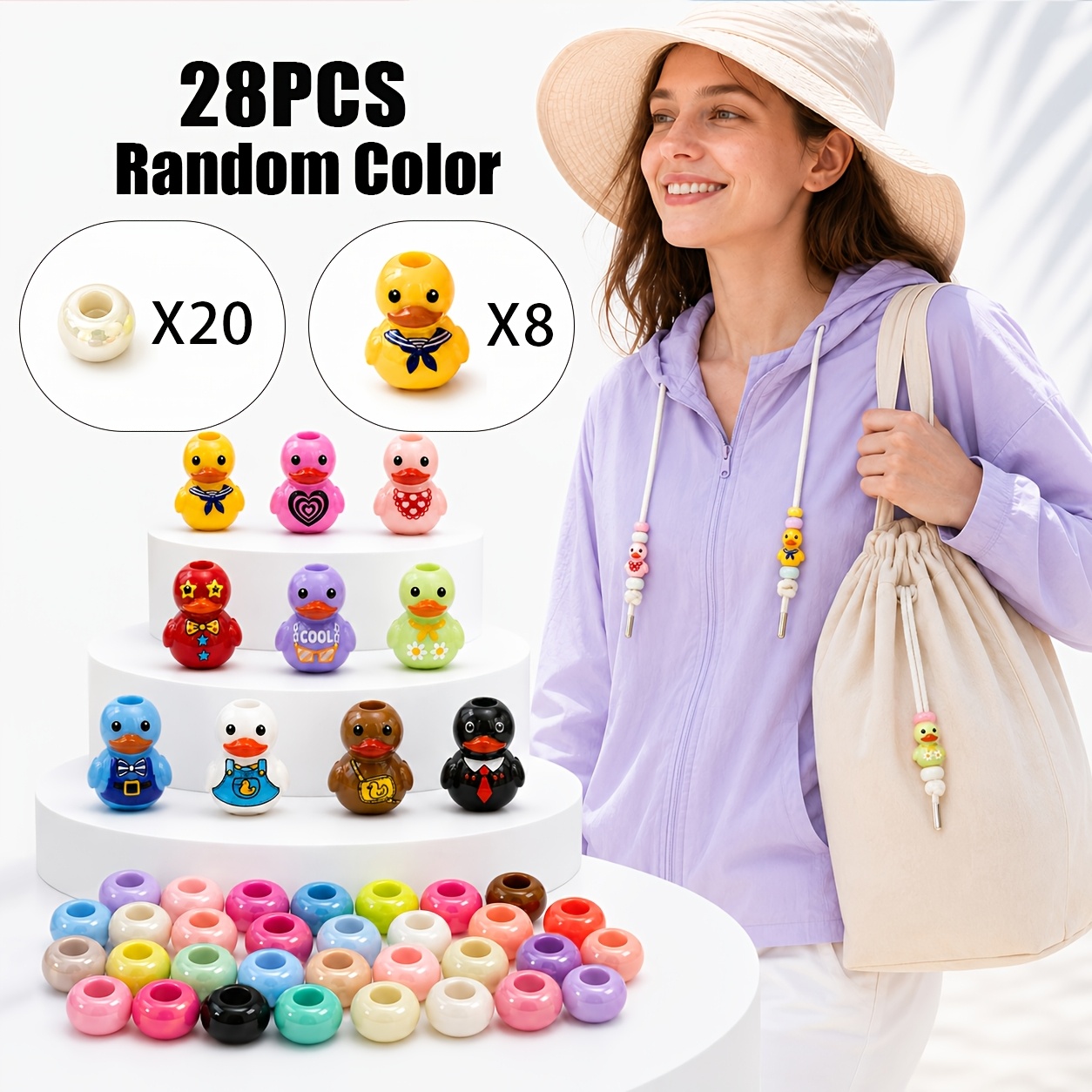 TEMU 14/28pcs Cute Drawstring Stopper Bead Set, Includes Random Color Round Beads + Random Style Beads, Macaron Style Drawstring Lock Charms, Hoodie