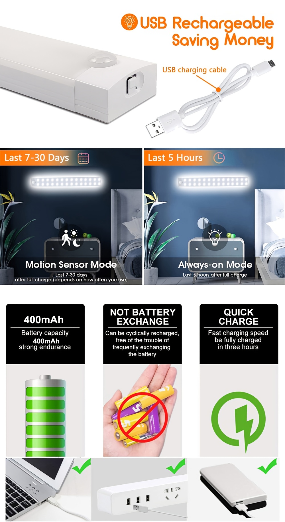 Aiwellkay Light Up Your Home with 1pc Motion Sensor Cabinet Light - USB Rechargeable & Battery Powered!