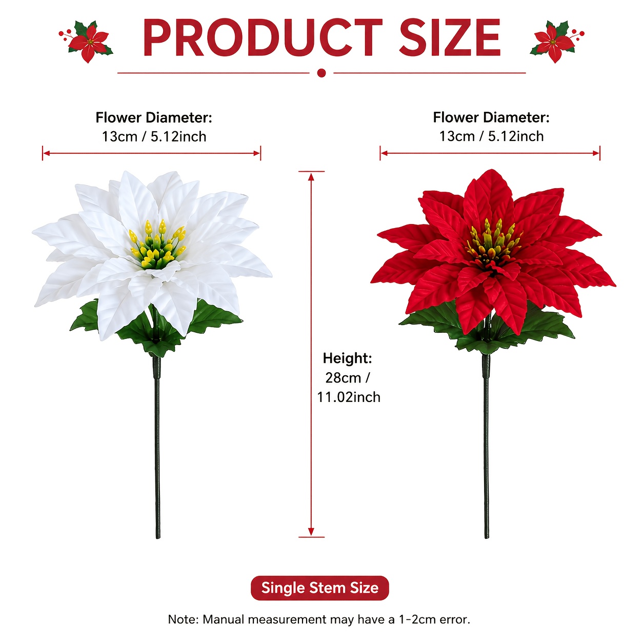 TEMU 12pcs Artificial Poinsettia Flowers, Red White Faux Christmas Flower Stems, Mixed Artificial Poinsettia Bouquet For Decor, Vase Arrangement,