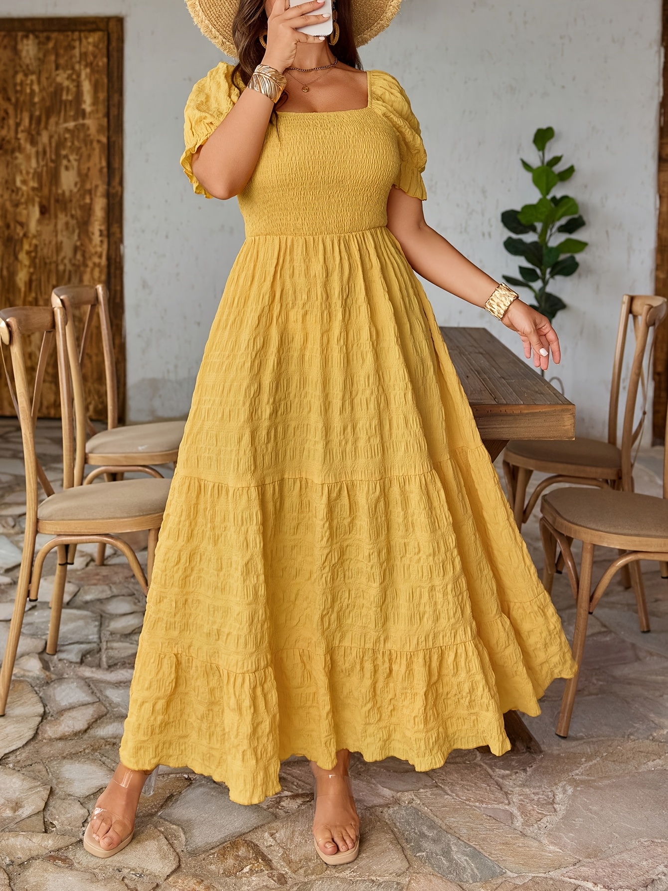 Plus Size, Plus Size Women's Regular Spring/* Square Neck Short Sleeve  Waist-Cinching Dress