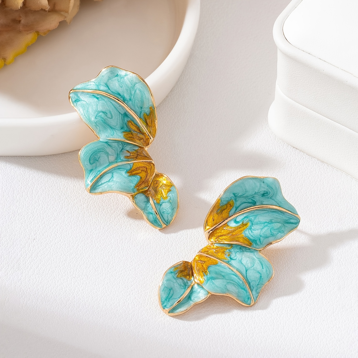 Elegant Green Enamel Half Flower Shaped Earrings