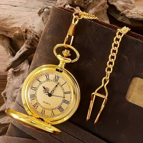 montre de poche vintage pour homme en ton doré avec boîtier sculpté & mouvement à quartz - rond gravé, cadeau idéal pour