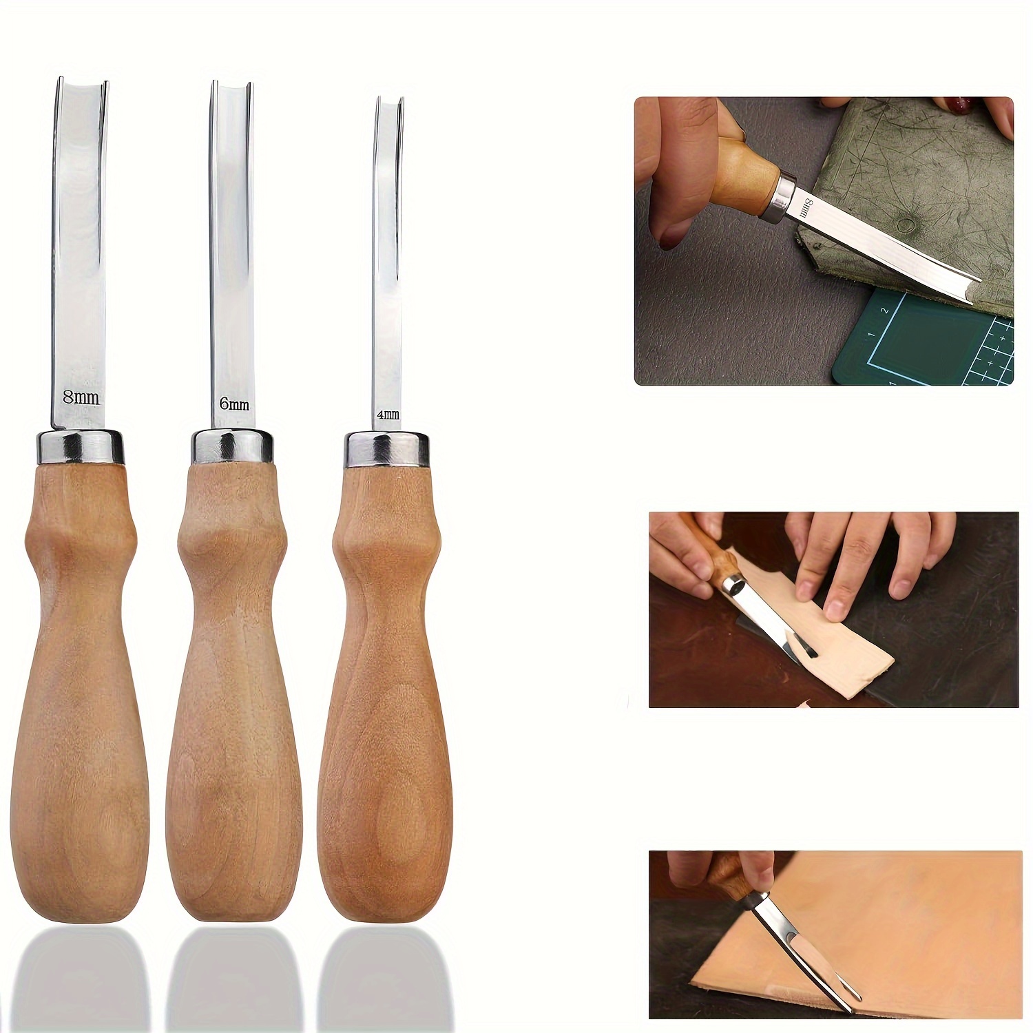 

Leather Skiving Beveler Tool Set, Wide Mouth Leathercraft Skiving Beveler Leather Trimmer With Wooden Handle 3 Sizes(4mm, 6mm And 8mm)