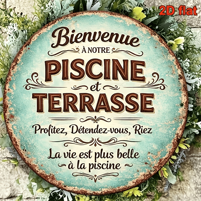 TEMU 2D Plat - 1pc 8 X 8In/20 X 20Cm Panneau Rond Plat 2D, Plaque Vintage sur le thème " dans notre piscine et notre patio", "Profitez, Relaxez, ",