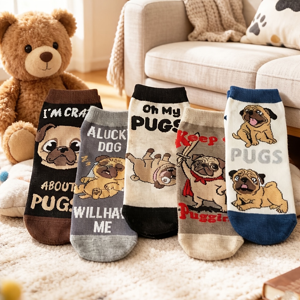 Image of 5 Pairs Men Women Universal Socks Cute Puppy Pattern Short Socks Sweat-absorbing Breathable Anti-slip Ankle Sports All-match College Style Socks Suitable For Adults Outdoor Casual Matching