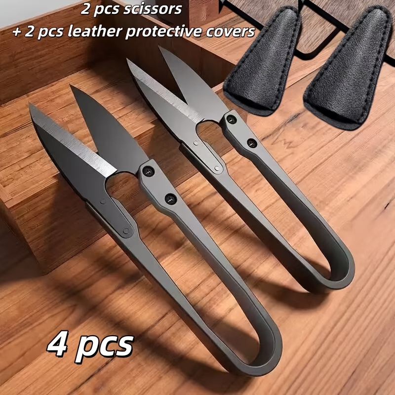 TEMU 4pcs Carbon Steel Trimming Scissors And Black Leather Scissors Protectors Lightweight Thread Scissors - Portable Mini Embroidery Scissors Sewing