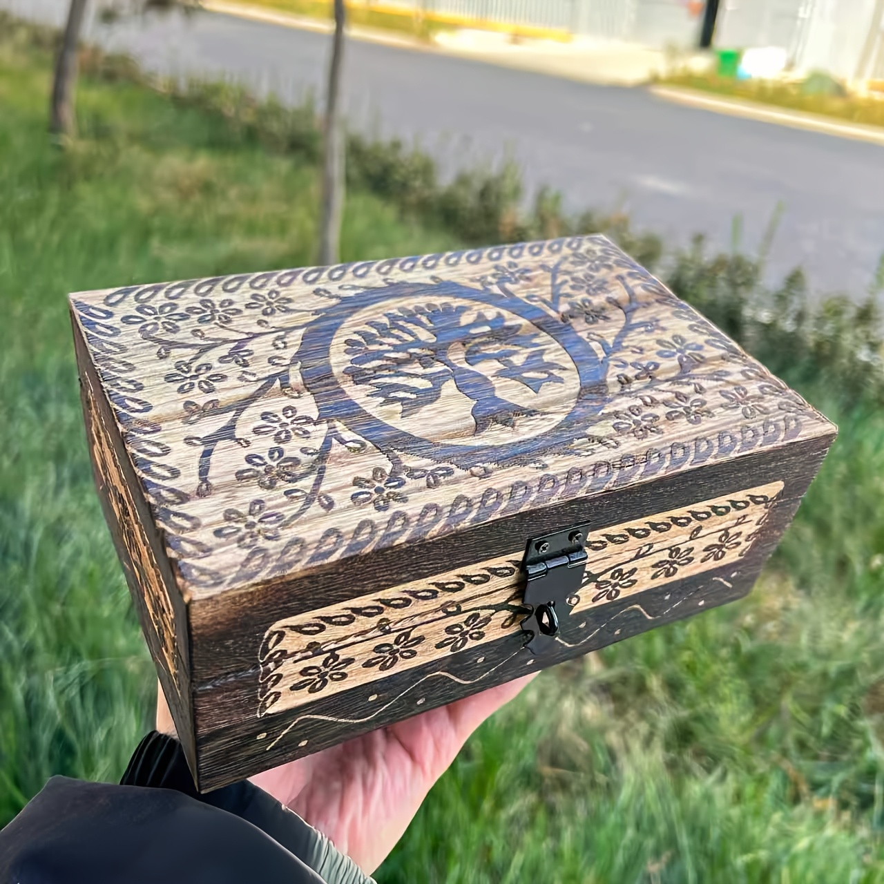TEMU Of Life Jewelry Box - Hand Carved Decorative Keepsake Box With Lock, Large Trinket Storage For Rings & Necklaces, Rustic Home Decor Gift For