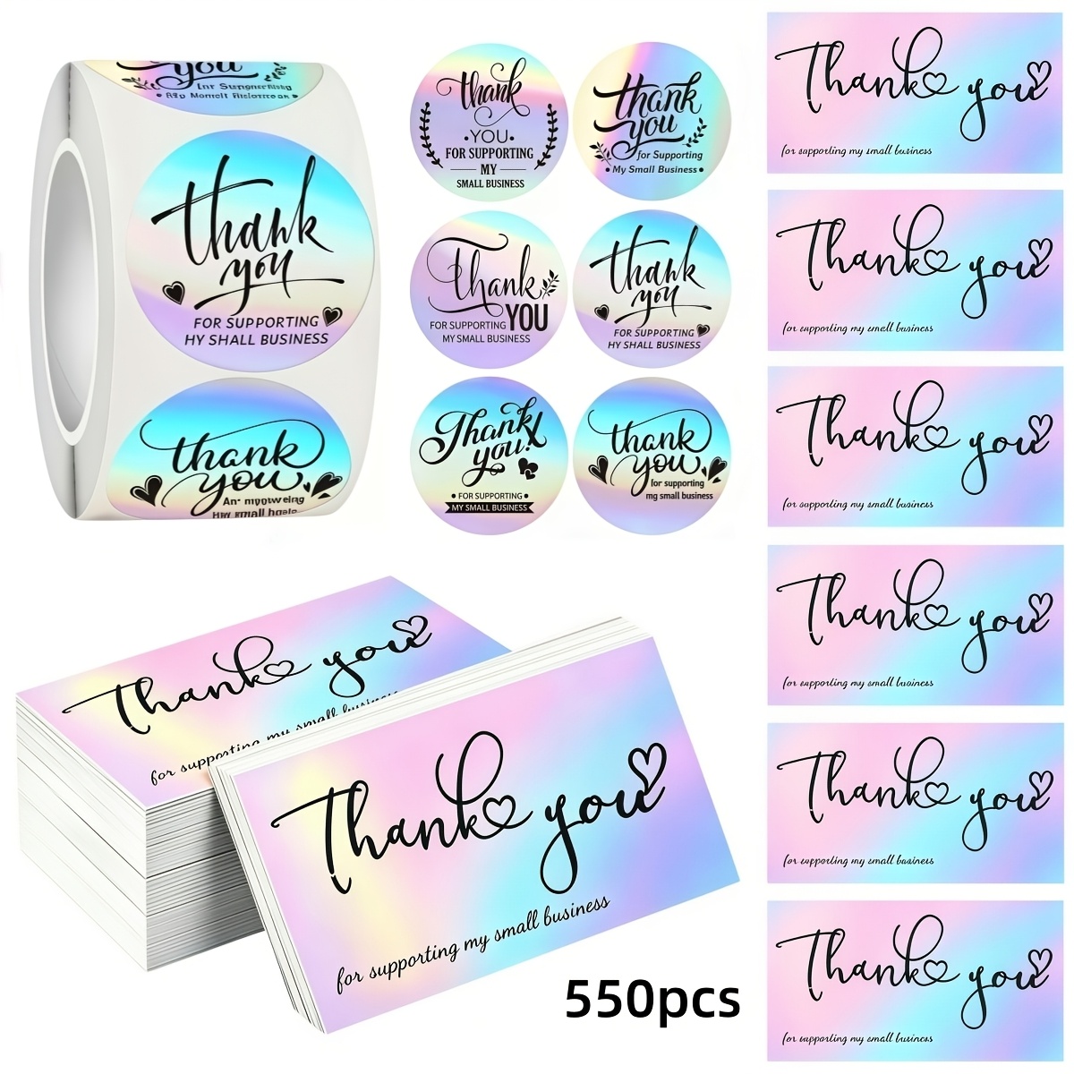 TEMU 550 stuks TULIKEMG Holografische Bedankkaarten & Stickers Pakket - Geschikt voor Zakelijke Bestellingen ter Ondersteuning van Kleine Bedrijven,