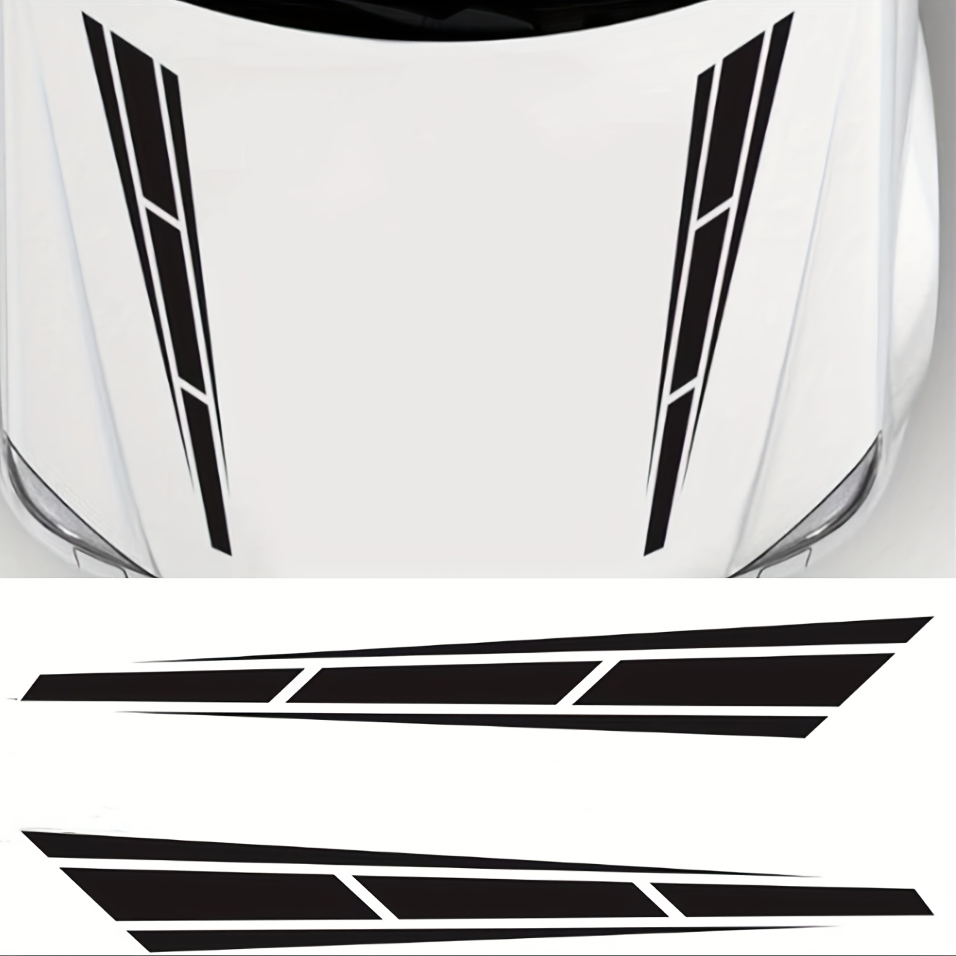 Image of 2pcs Sports Car Hood Vinyl Stickers, Geometric Stripe Pattern, Glossy Surface, Self-adhesive, Fantasy Theme, Irregular Shape For Glass And Metal Surfaces, Front Position